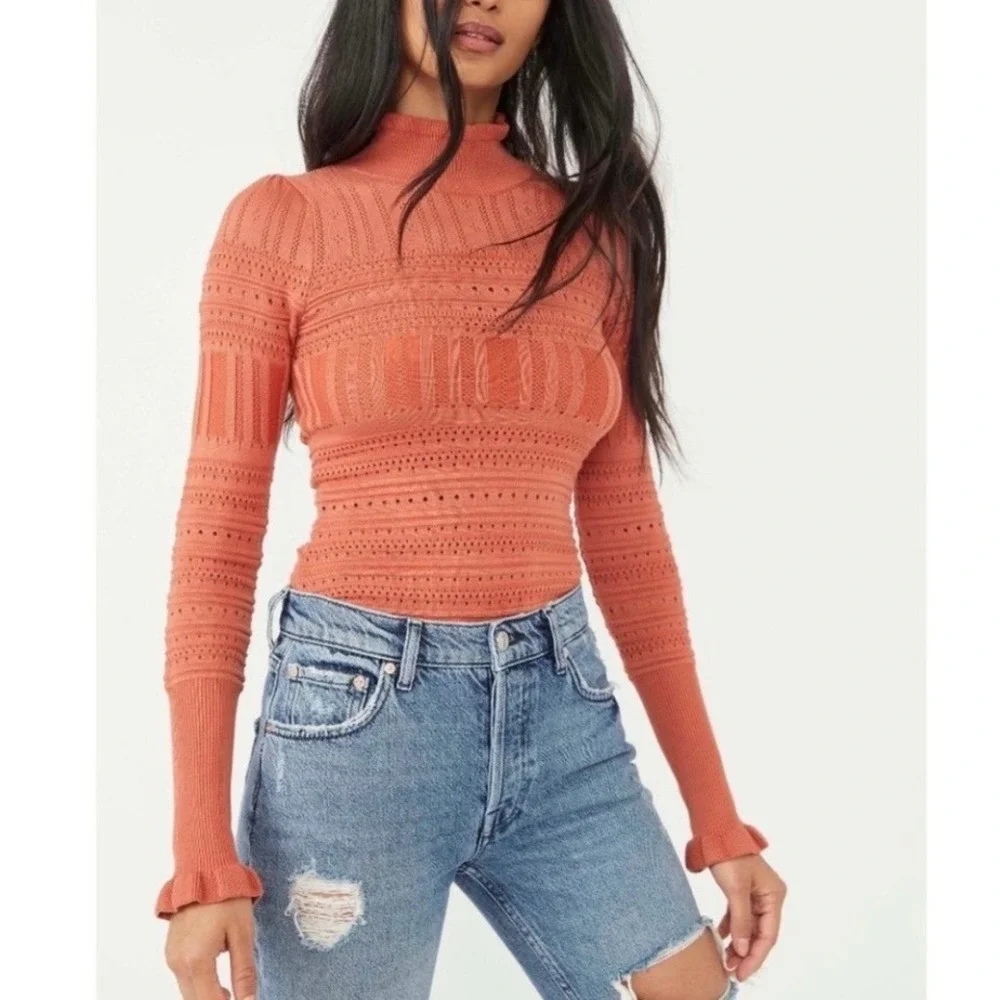 Free People Size Small Pointelle Me About It Bodysuit Orange Mock Neck Ruffle